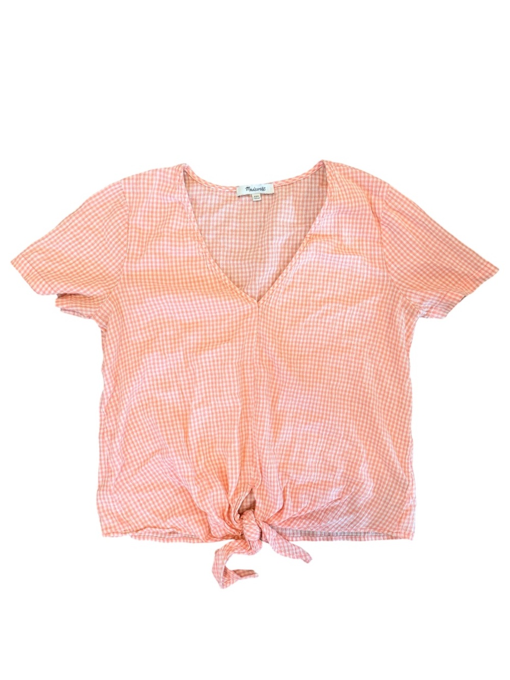 Madewell Coral Gingham Tie-Front V-Neck Crop Top